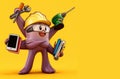 Cute purple cartoon octopus with construction tools books and tablet on yellow background symbolizing creativity multitasking and Royalty Free Stock Photo