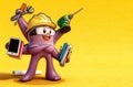 Cute purple cartoon octopus with construction tools books and tablet on yellow background symbolizing creativity multitasking and Royalty Free Stock Photo