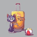 Cute purple cat with alone near a travel yellow suitcase