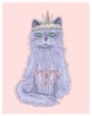 Cute purple cat princess with crown and ribbons.