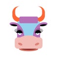 Cute purple cow with big eyelashes. Farm animal with orange horn