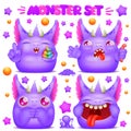 Cute purple emoji cartoon monster character in various emotions