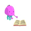 Cute Purple Freaky Monster with Book, Funny Friendly Alien Cartoon Character Vector Illustration