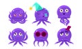 Cute Purple Glossy Octopus Character Set, Funny Sea Creature Emoticon Vector Illustration