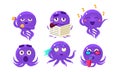 Cute Purple Glossy Octopus Character Set, Funny Sea Creature Showing Various Emotions Vector Illustration