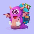 Cute purple monster carrying a schoolbag, backpack, back to school