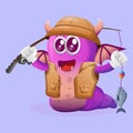 Cute purple monster fishing