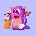 Cute purple monster happy shopping Royalty Free Stock Photo