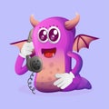 Cute purple monster pick up the phone, answering phone calls