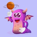 Cute purple monster playing basketball, freestyle with ball