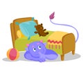 Cute purple monster with tail hiding under the bed