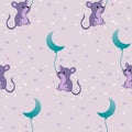 Cute purple mouse and moon balloon in a seamless pattern design