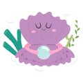 Cute purple open shell character with face and seaweed holding a pearl in hand. Sea animal colorful design for kids, print in Royalty Free Stock Photo