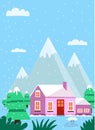 A cute purple and pink house in the middle of pine trees and the backdrop of snow topped mountains during clear sky