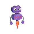 Cute purple robot flying on fire. Vector illustration on white background. Royalty Free Stock Photo
