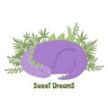 Cute purple sleeping dinosaur with green leaves