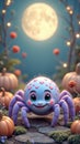 Cute purple spider with heart patterns celebrating halloween under full moon Royalty Free Stock Photo