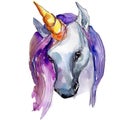 Cute purple unicorn horse isolated. White background illustration set. Fairytale children sweet dream. Royalty Free Stock Photo