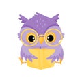 Cute purple wise owl bird reading a book, school education and knowledge vector Illustration