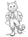 Cute Puss in Boots cat character cartoon in black and white lines - coloring page for kids from an activity book