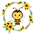 Cute queen bee is holding a pot of honey. Frame from yellow flowers sunflower and leaves. Cartoon style, vector