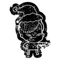cute quirky cartoon distressed icon of a girl with hipster haircut wearing santa hat