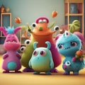 Cute and quirky monster characters engaged in various activities Playful and imaginative illustration for childrens products or