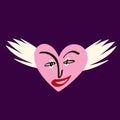 A cute quirky strange clockwork pink heart with a funny face and wings