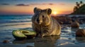 Adorable Quokka Enjoying Avocado at Sunset Beach Royalty Free Stock Photo