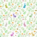 Cute rabbit animal, green grass and flowers. Repeating watercolor ditsy pattern