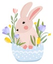 Cute rabbit in a basket with spring flowers and green leaves. Spring flowering, illustration for celebrating Easter