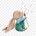 Cute Rabbit blowing dandelion flower water colour hand paint,Cartoon hand drawn bunny character element for Easter greeting card,