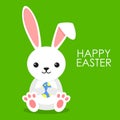 Cute rabbit with blue easter egg on green background. Little bunny in flay style. Happy Easter greeting card. Royalty Free Stock Photo