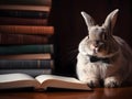 Cute rabbit with book about bedtime stories in library