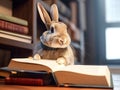 Cute rabbit with book about bedtime stories in library