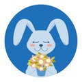Cute rabbit with a bouquet of flowers. Symbol of the new year. Hello spring postcard. Flat cartoon vector illustration. Royalty Free Stock Photo