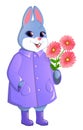 Cute rabbit with a bouquet of gerberas.