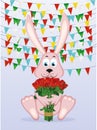 Cute rabbit with a bouquet of red roses. A hare with flowers.