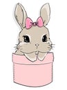 Cute rabbit and bow in a pocket. Print for children`s textiles, poster design, nursery. Vector illustration stock
