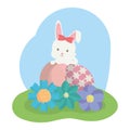 Cute rabbit with broken easter egg painted in the field Royalty Free Stock Photo