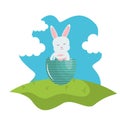 Cute rabbit with broken easter egg painted in the field Royalty Free Stock Photo