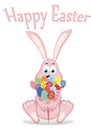 Cute rabbit with a bunch of Easter eggs. A hare with flowers.