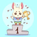 Cute rabbit bunny champion with medal and goblet first place cute animal cartoon vector illustration. For t-shirt print, kids wear Royalty Free Stock Photo