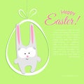 Cute rabbit bunny with egg on a green background Happy Easter text A creative drawing of a doodle character of a hare with an egg Royalty Free Stock Photo