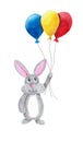 Cute rabbit bunny flying with colorful air baloons on white background. Watercolor gouache hand drawn illustrations