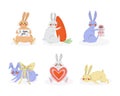 Cute Rabbit or Bunny with Long Ears with Carrot, Gift Box, Heart and Ribbon Bow Vector Set