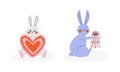 Cute Rabbit or Bunny with Long Ears Sitting with Heart and Wrapped Gift Box Vector Set