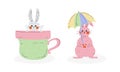 Cute Rabbit or Bunny with Long Ears Sitting in Huge Mug and Holding Umbrella Vector Set