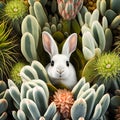 Cute rabbit in cactus garden, top view, copy space