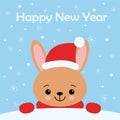 Cute rabbit card. Santa Claus hat on bunny vector illustration. New Year square banner with smiling bunny. Winter